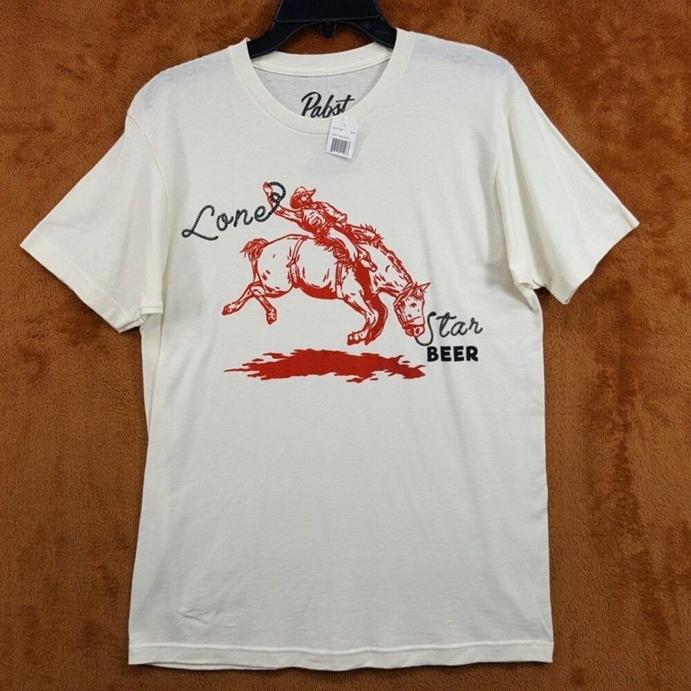 PABST Shirt Mens Medium Cream Pullover Crew Lone Star Beer Horse Cowboy